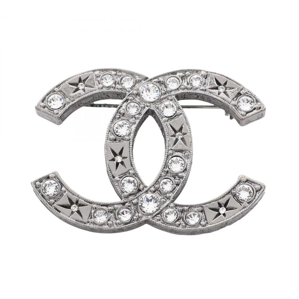 Chanel Coco Mark Brooch Accessory, Metal, Rhinestone, Women's, Silver/Clear, ...